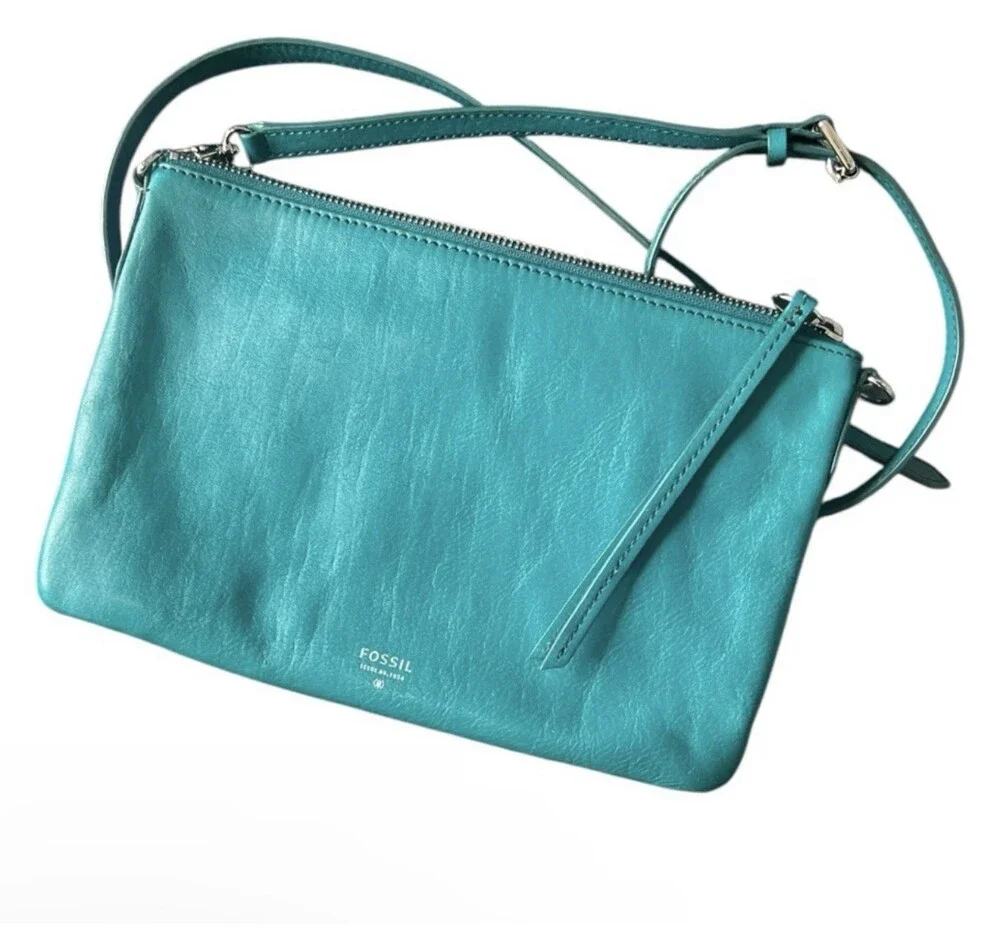 Fossil Turquoise Shoulder Bag Zip Closure Zipper Accent Silver Hardware